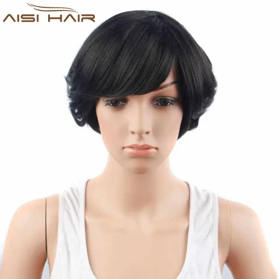 Factory Wholesale Price Short Black Wave Hair , Wigs With Side Bangs , Synthetic Pixie Cut Wigs For Black Women