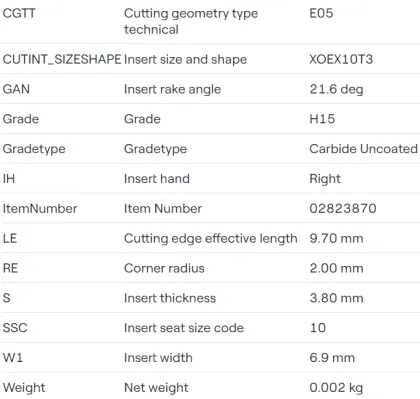 High Accuracy Milling Carbide Inserts SECO SECO 0823870 XOEX10T320FR-E05 H15 Hot Sales