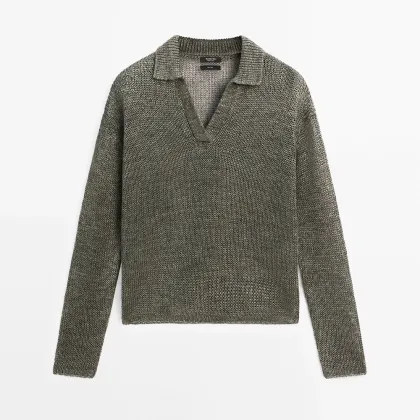 Women's 100% linen polo shirt collar knit sweater