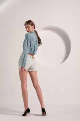 Women's Light Blue Denim Crop Shirt