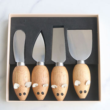 Cute Mice Cheese Tool Set: Acacia Wood Mouse Shaped Cheese Board with Knives and Forks
