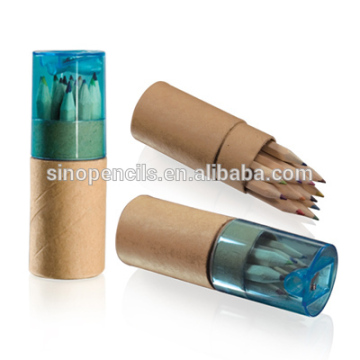 BSCI certificated sharpening pencil nature wooden pencil packing in paper tube with blue transparent sharpener cap with logo