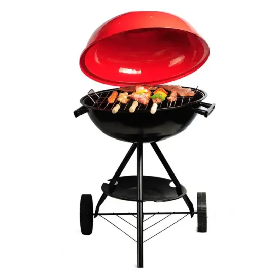 Portable Stainless Steel BBQ Grill with Red Lid for Backyard Charcoal Cooking