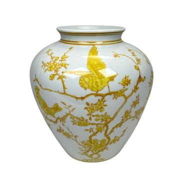 RXAE-FL24 Series Yellow Ceramic Vase with White Flower and Bird Pattern