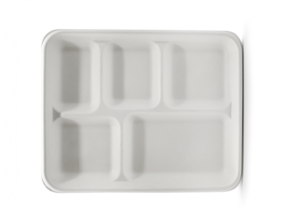Take Away 5 Compartment Disposable Rectangle Sugarcane Bagasse Tray With Lid