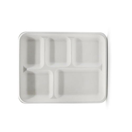 Take Away 5 Compartment Disposable Rectangle Sugarcane Bagasse Tray With Lid