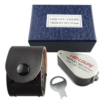 Powerful Gem Loupe Magnifiers with Achromatic Lens 30X-21mm Dual Light (UV+LED) White Light