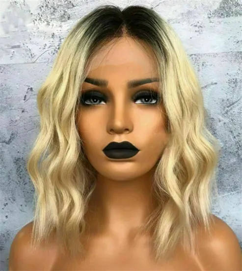 Light Blonde Ombre Natural Wave Wigs 4x4 Lace Front Wig Bob 150% Density Virgin Brazilian Remy Hair Short Bob T1B/613 Wigs