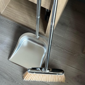 Modern Stainless Steel Upright Broom and Dustpan Set with High-Quality Thickened Handle