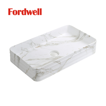Luxury Marble Pattern Porcelain Rectangle Bathroom Vessel Sink for Hotel