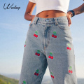 Weekeep Cherry Embroidery Fashion Vintage Jeans 2020 Women High Waist Streetwear Cargo Jean Casual Slim Woman Denim Pencil Pants