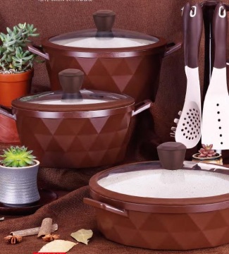 NEW design rhombus 3D Die Casting Aluminum marble non stick coating glass lid PFOA free milk pan casserole saute pan stockpot