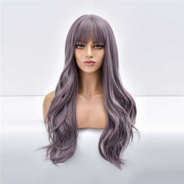 Ainizi New Arrival Cheap Beautiful High Quality Long Wave Ombre Blended Purple Fashion Synthetic Wig with Fringes for Women