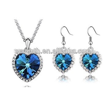 Heart of Ocean Necklace and Earring Bridal Jewelry Sets with Rhodium Plated Sapphire CZ Diamond