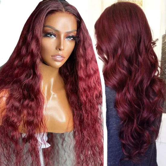 Factory Customize Virgin Hair 99 Red J 13X6 Transparent Lace Frontal Human Hair Wigs Deep Wave Red 99J Lace Front Wig