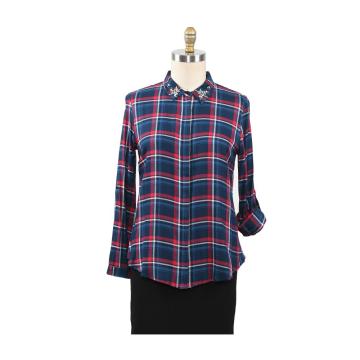 Camisa xadrez feminina de algodão com brilhantes