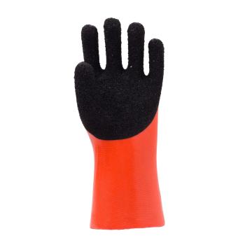 Fluoreszierender orangefarbener PVC-Handschuh. Schwarzes Schaum-Finish