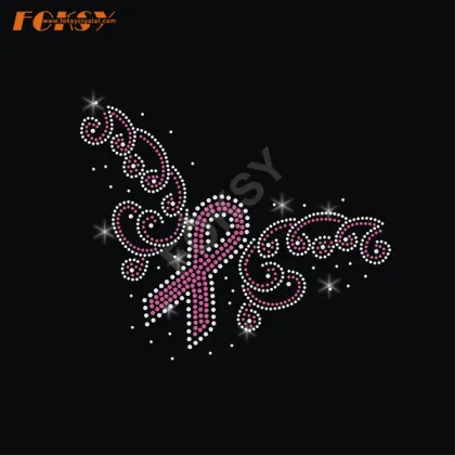 Written Pink Ribbon Iron on Rhinestone Transfer