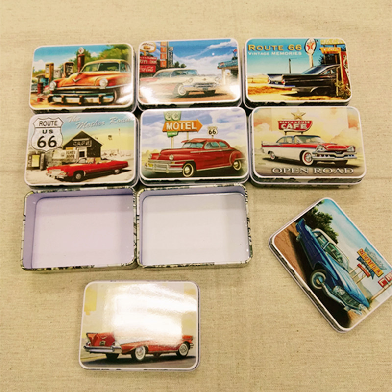 16pc/Box CAR ON ROAD ROUTE 66 Pringting Metal Storage Box Vintage Style Card Box Rectangle Candy Box Gift Case Shop Decor