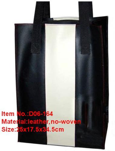 Black Leather 6 Bottles  Wine Pouch with Nylon Handle for Travel (D06-164)