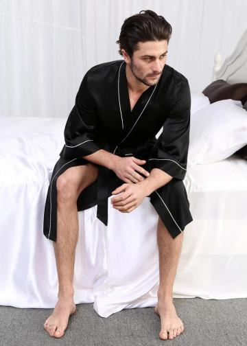 19 Momme Kimono Men's Sleepwear Silk Robe with Piping Pure Color Long Kimono Bathrobes Soft Nightgown