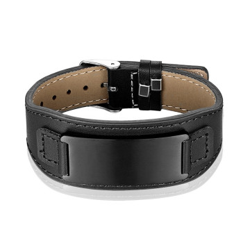 Hot Selling Custom Silver Black Stainless Steel Leather Bracelet with Engraved Logo