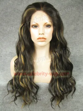 Heidi Klum Supermodel Long Wavy Brown Highlight Synthetic Lace Front Wig
