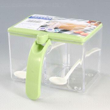 Plastic 2-cup condiment set/PP and PS/used in kitchen to put salt, sugar and more, with 2 spoons