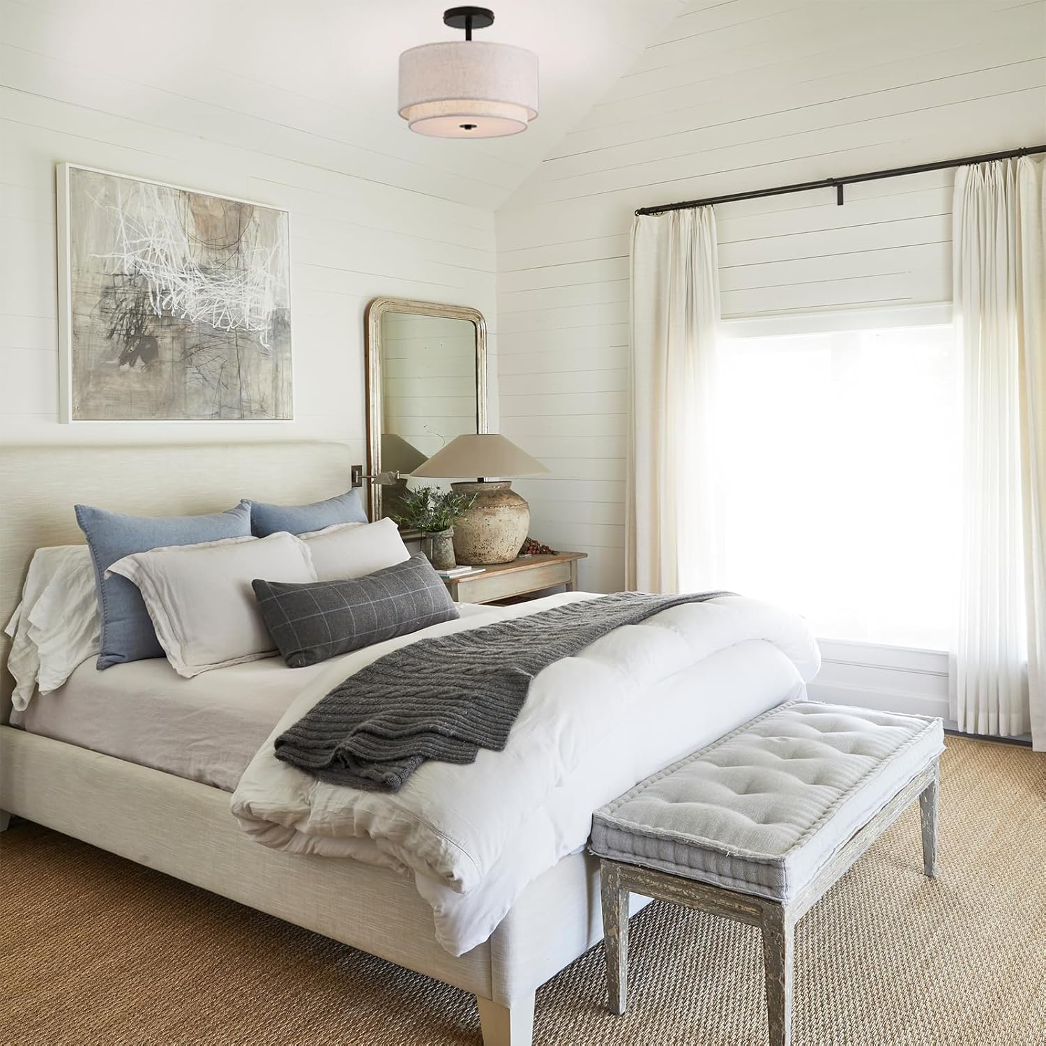 Drum fabric shade ceiling lamp