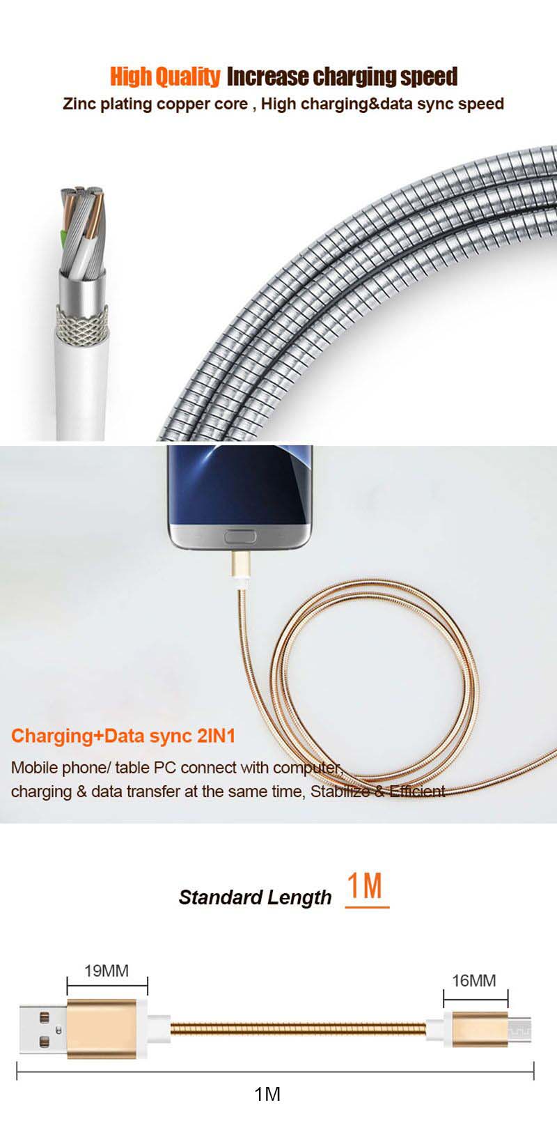 stainless metal head fast charging USB data cable 4