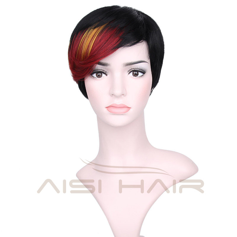 Short Pixie Cut Hair Wig High Temperature Synthetic Straight Wigs with Ombre Red Bangs For Women