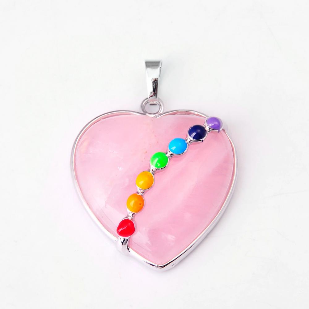 Кулон «Семь чакр» с кристаллами розового кварца в форме сердца