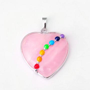 Seven Chakras Crystal Rose Quartz Heart Pendant