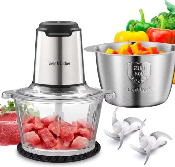 Professional Meat Grinder and Food Chopper with 4 Large Sharp Blades - 2 Bowl Electric Food Processor - 4PCS/CTN