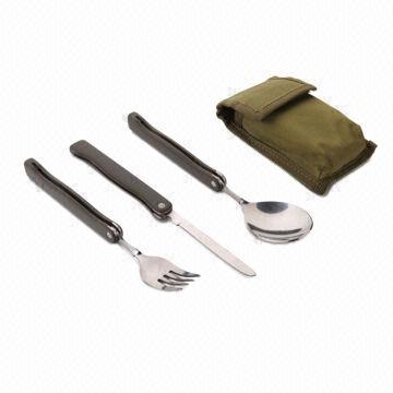 Opvouwbare flatware in zak, met inbegrip van de lepel, vork en mes