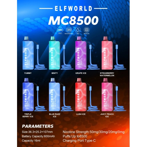 Elfworld MC8500 Dispositif de vape de vape rechargeable rechargeable en gros (8500 bouffées)