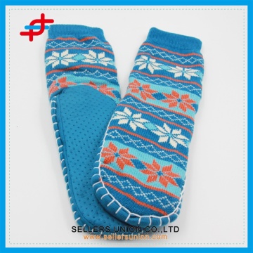 Adult Jacquard Hand Knit Non-skid Slipper Socks With Rubber Sole