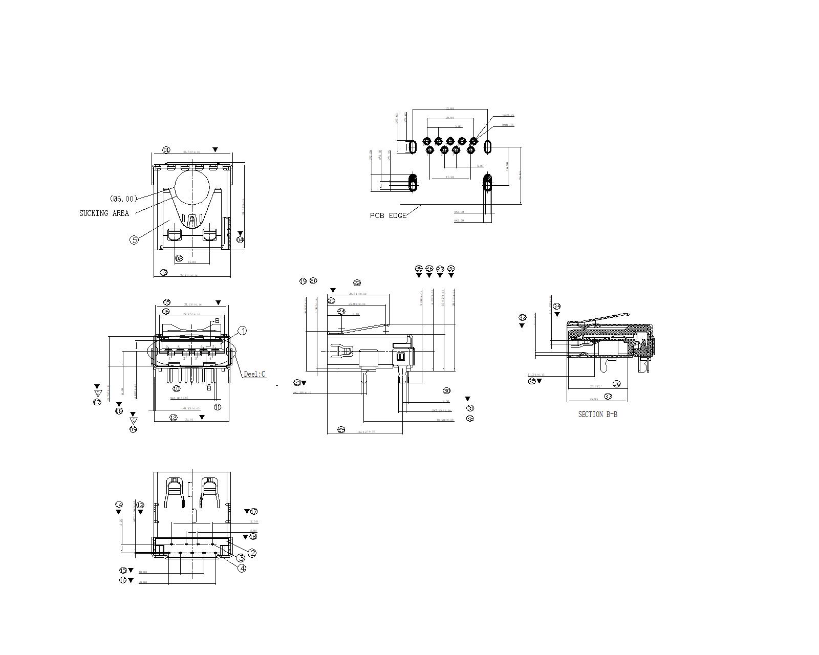 Receptacle C Type Shell +Contacts through hole