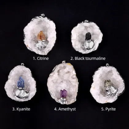 Black Tourmaline Bud Silver Druzy Crystal Cave Pendant Necklace 45CM Black Cord