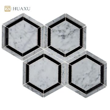 Huaxu Classic Hexagon Mesh Backed Natural Black and Grey Marble Wall Mosaic Tiles