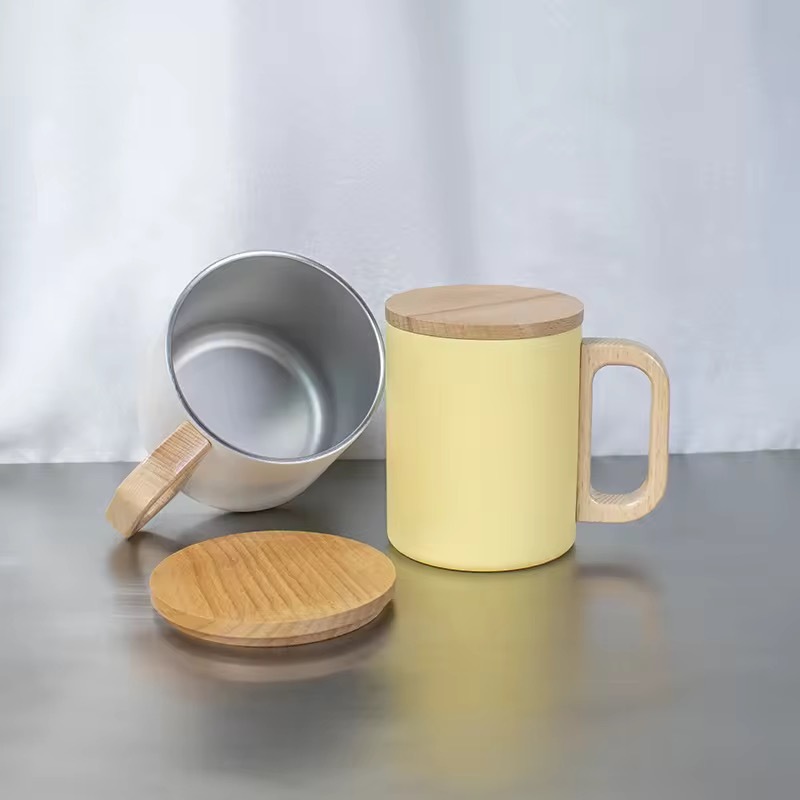 Stainless Steel Mug with Wooden Handle and Lid