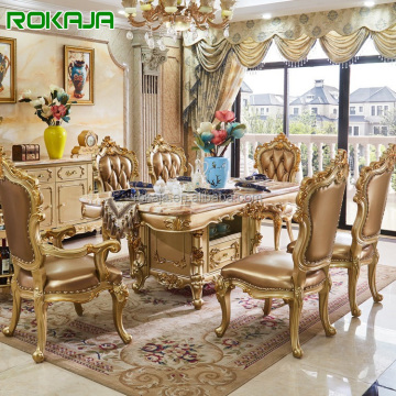 Luxe Europees massief houten marmeren eettafel met laden - 4/6/8 zitt rechthoekige gouden eettafel