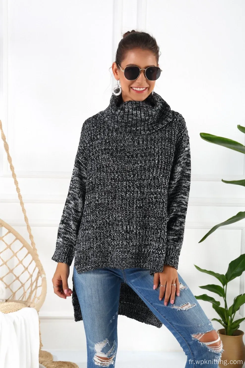 dames jaquard imprimer à manches longues pull pull pull