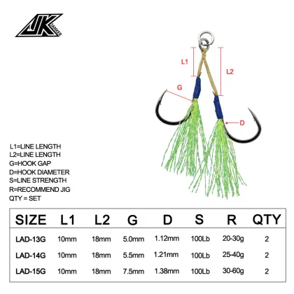 JK Fishing LAD-G Mustad Hook UV Light Double Assist Hook Set
