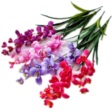 Artificial Faux Long Stem Cattleya with Green Leaves - Freesia for Wedding and Home Decor