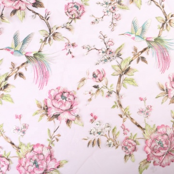 Tissu de dentelle de tulle de broderie de fleurs d&#39;oiseaux imprimés