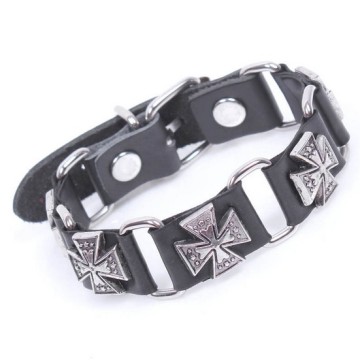 Fashion metal alloy cross accessories genuine leather bracelet antique silver plated bangle for men wholesale price