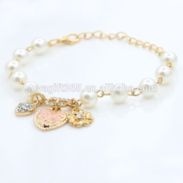 Women Pearl Chain Bracelet Crystal Heart Flower Pendant Jewelry Gift