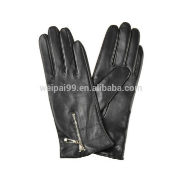 Concise black metal zipper in the middle desgin sheepskin leather gloves for women