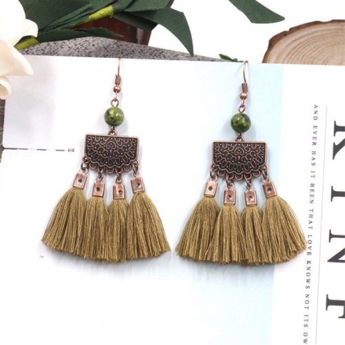 Women dangle chandelier tassel Pendant Earrings fashion retro Bohemian national style metal brand wool wheat natural agate stud